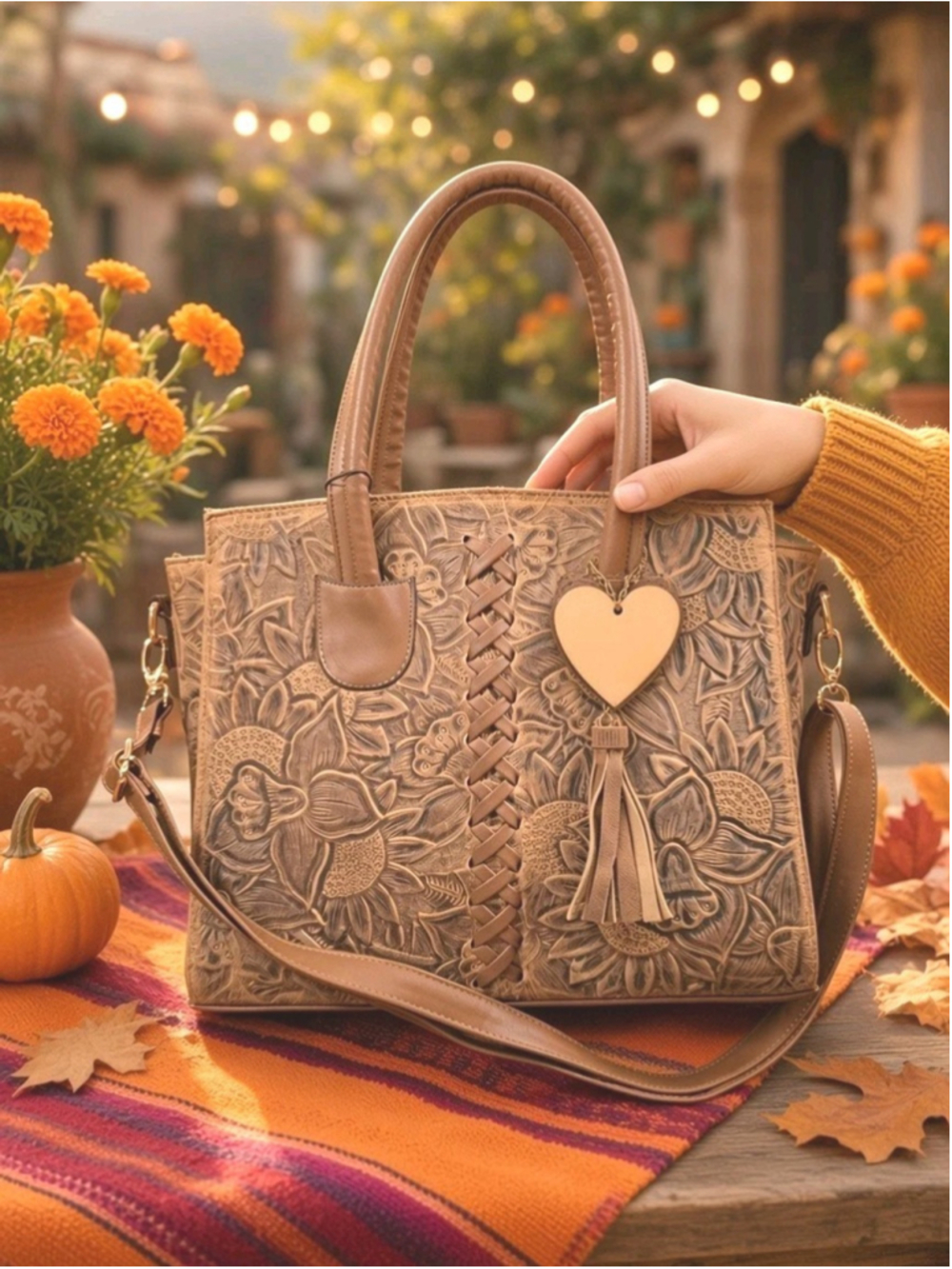Rustic Oiled Brown Cross Stitch Embossed Tooled Artisan LEATHER Purse